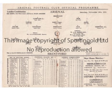 ARSENAL V BRENTFORD 1935    Programme for the Combination match at Arsenal 30/11/1935, vertical fold and staples rusted away.