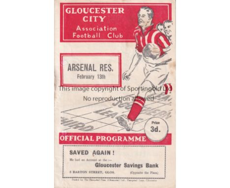 ARSENAL    Programme for the away Friendly v Gloucester City 13/2/1954, punched holes repaired and rusty staple.   Fair to ge