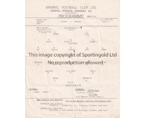 ARSENAL  V CHELSEA 1964   Single sheet for the home F.A. Youth Cup tie at Arsenal 20/1/1964 horizontal fold and scores entere