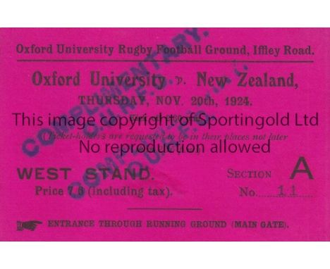 RUGBY      Ticket for Oxford University v New Zealand 20/11/1924, a match that the Kiwis won 33-15 on their famous "Invincibl