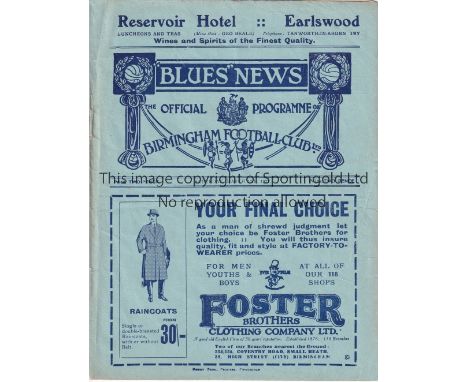 BIRMINGHAM / MAN UNITED    Programme Birmingham City v Manchester United 12/3/1927. Lacks staples. Score and scorers inserted