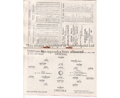 ARSENAL V CHELSEA 1938     Programme for the League match at Arsenal 19/2/1938, slight horizontal crease.    Generally good