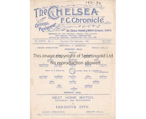 CHELSEA V ARSENAL    Single sheet programme for the London Combination match at Chelsea 24/9/1931, season written at the top 