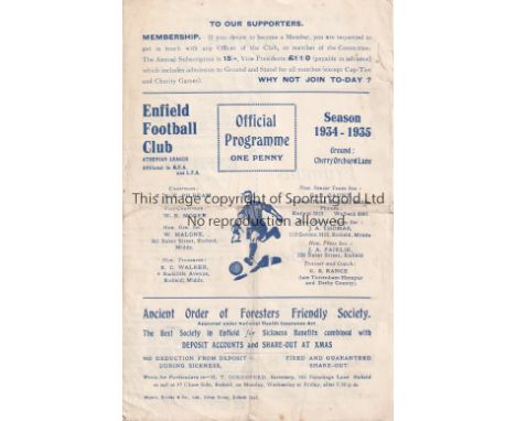 ENFIELD      Four Page home programme v Wealdstone FA Cup Preliminary Round 15/9/1934 . Light horizontal fold. No writing. Fa