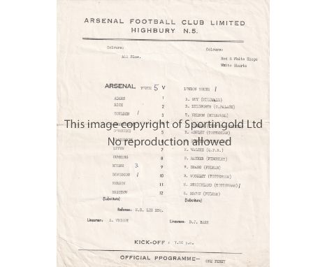 ARSENAL    Single sheet for the home Friendly v. London Youth 11/10/1966 horizontal fold and scores entered.    Generally goo