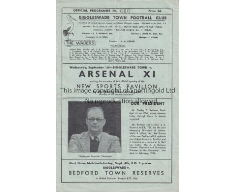 ARSENAL    Programme for the away Friendly v. Biggleswade Town 1/9/1954, very slightly creased.    Generally good