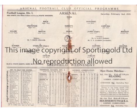 ARSENAL V SHEFFIELD WEDNSDAY 1935    Programme for the League match at Arsenal 2/2/1935, slightly creased and staples rusted 