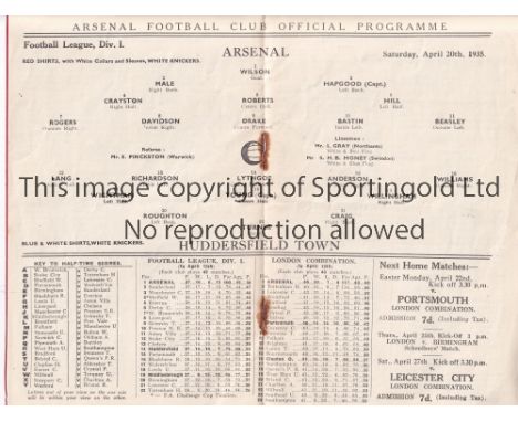 ARSENAL V HUDDERSFIELD TOWN 1935    Programme for the League match at Arsenal 20/4/1935, very slightly creased and staples ru
