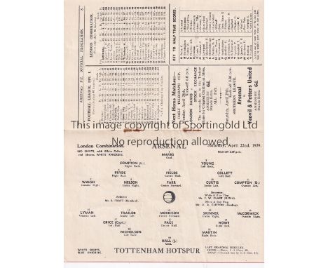 ARSENAL V TOTTENHAM 1939     Programme for the Combination match at Arsenal 22/4/1939.   Good