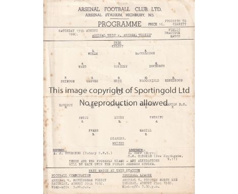 ARSENAL     Single sheet programme for the Public Practice match Reds v Whites 13/8/1960, horizontal fold.    Generally good