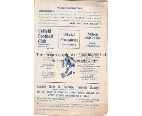 ENFIELD     Four Page home programme v Southall Athenian League 20/10/1934. Light horizontal fold. No writing. Light foxing. 