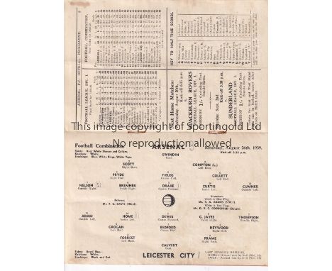 ARSENAL V LEICESTER CITY 1939    Programme for the Combination match at Arsenal 26/8/1939 in the truncated season. Very sligh