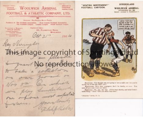 WOOLWICH ARSENAL       Signed letter from secretary Philip Kelso on hard card official Woolwich Arsenal paper dated 21/10/190