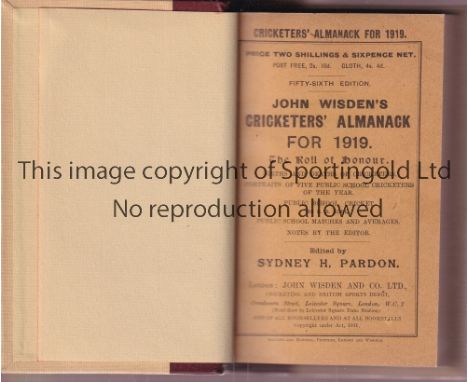 CRICKET WISDEN   Reddish Brown and light brown rebind of original softback John Wisden Cricketers' Almanack for 1919. 56th Ed