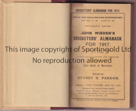 CRICKET WISDEN   Reddish Brown and light brown rebind of original softback John Wisden Cricketers' Almanack for 1917. 54th Ed