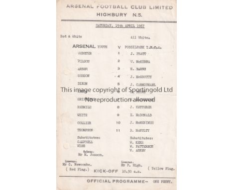 ARSENAL     Small single sheet programme for the home Friendly v. Possilpark Y.M.C.A. 15/4/1967, slight horizontal fold and p