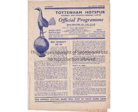 SPURS / ARSENAL       Programme Tottenham 'A' v Arsenal 'A'  Eastern Counties League 21/1/1950. Staining on line up page. Sco