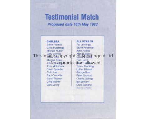 GEORGE BEST    Leaflet / Flyer for the proposed Testimonial Match, Chelsea v All Star XI 16/5/1983 with Best on the teamsheet