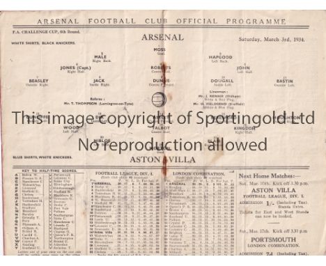 ARSENAL V ASTON VILLA 1934    Programme for the FA Cup tie at Arsenal 3/4/1934, creased.     Fair to generally good