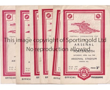 ARSENAL RESERVES     Six home Reserve team Combination Cup programmes for season 1948/9 v Charlton, Crystal Palace, Southend,