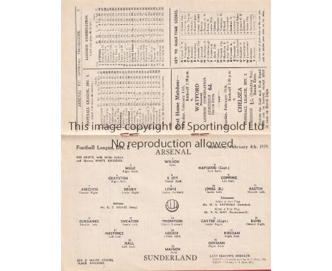 ARSENAL V SUNDERLAND 1939     Programme for the League match at Arsenal 4/2/1939.    Generally good