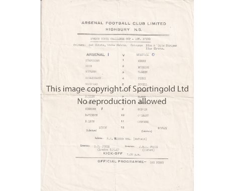 ARSENAL     Single sheet for the home London Youth Challenge Cup tie v Millwall 16/11/1966 horizontal fold and scores entered
