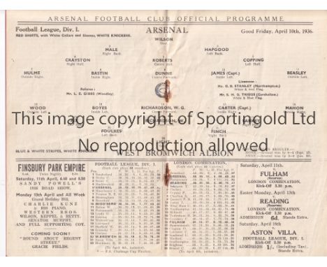ARSENAL V WEST BROMWICH ALBION 1936     Programme for the League match at Arsenal 10/4/1936, very slightly creased and punche
