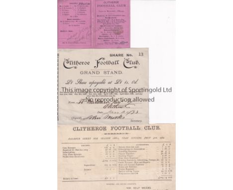 CLITHEROE    Fixture card and balance sheet of Clitheroe Football Club from season 1889/90 . Clitheroe played matches against