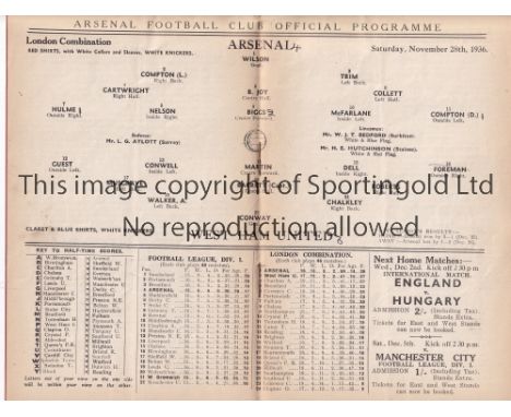 ARSENAL V WEST HAM UNITED 1936    Programme for the Combination match at Arsenal 28/11/1936, scores entered.   Generally good