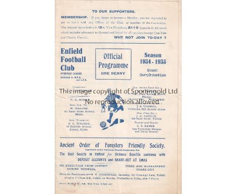 ENFIELD    Four Page home programme v Finchley Middlesex Charity Cup 17/11/1934. Light horizontal fold. No writing. Generally
