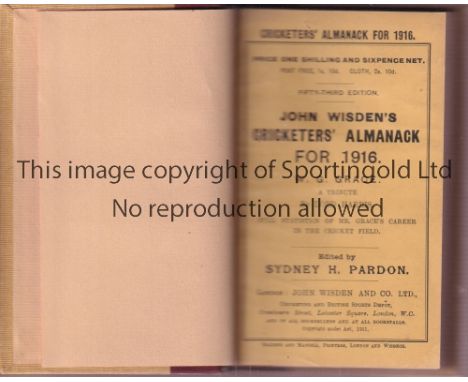 CRICKET WISDEN   Iconic Reddish Brown and light brown rebind of original softback John Wisden Cricketers' Almanack for 1916. 