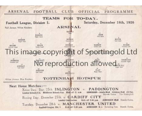ARSENAL V TOTTENHAM 1926    Programme for the League match at Arsenal 18/12/1926, very lightly vertical crease.    Generally 