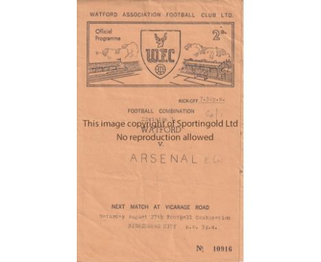 ARSENAL    Programme for the away Football Combination match v. Watford 22/9/1960, slightly creased and team changes.    Fair