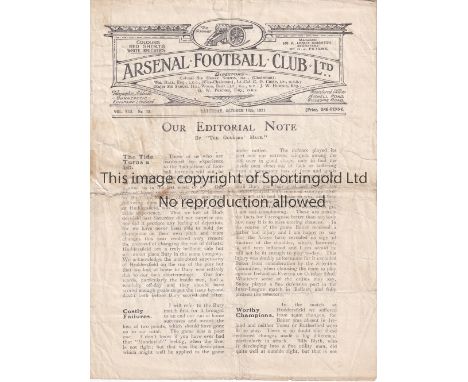 ARSENAL / VILLA       Programme Arsenal v Aston Villa 18/10/1921. White 4 Pager. A few tears. No writing. Fair      