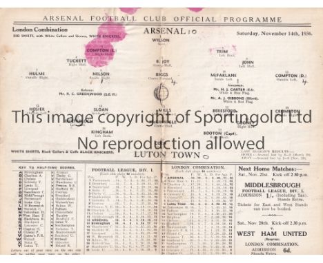 ARSENAL V LUTON TOWN 1936    Programme for the Combination match at Arsenal 14/11/1936, slight red staining on centre pages. 