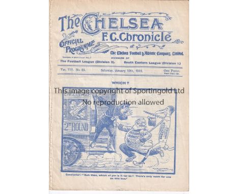 CHELSEA     Programme for the home match v Sheffield United 13/1/1912 FA Cup 1st Round. Ex Bound Volume. Light folds. No writ