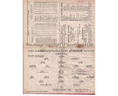 ARSENAL V PORTSMOUTH 1937    Programme for the Combination match at Arsenal 18/12/1937 , slightly creased, stales removed and