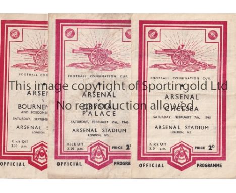 ARSENAL RESERVES     Three home Reserve team Combination Cup programmes for season 1947/8 v Chelsea, Crystal Palace and Bourn