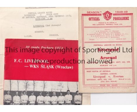 LIVERPOOL    Three Liverpool programmes two homes v Arsenal 1948/49 and Liverpool Reserves v Stoke City Reserves 1963/64 (fol