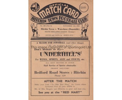 HITCHIN   Home programme v Waterlows (Dunstable) South Midlands League 11/11/1933. No writing. Generally good