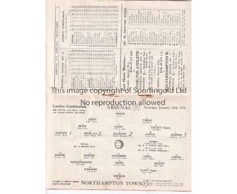 ARSENAL V NORTHAMPTON TOWN 1939   Programme for the Combination match at Arsenal 14/1/1939, very slightly creased.   Generall