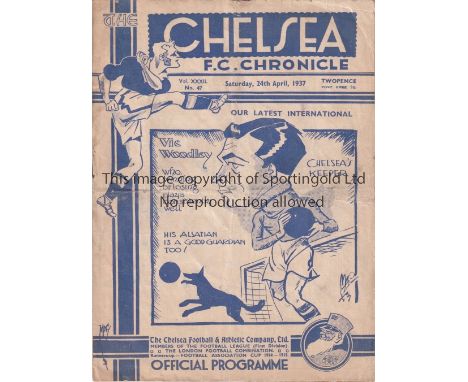 CHELSEA V ARSENAL 1937     Programme for the League match at Chelsea 24/4/1937, horizontal fold, score on line-up page.   Fai