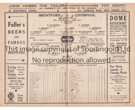 BRENTFORD  / LIVERPOOL     Home programme v Liverpool 19/11/1938. Light staple rust. Punch holes. Fair to generally good     