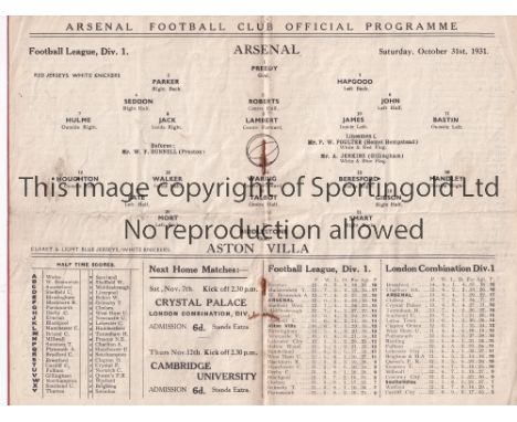 ARSENAL / ASTON VILLA      Programme Arsenal v Aston Villa 31/10/1931. Staple rust. Light horizontal fold. No writing.     Fa