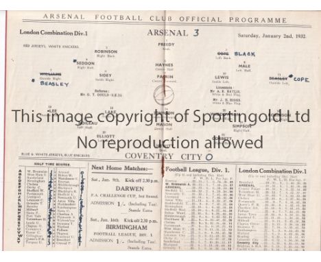 ARSENAL       Home programme v Coventry City Reserves 2/1/1932. London Combination. Score, scorers, half-times and team chang