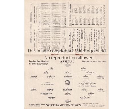 ARSENAL     Home programme v Northampton Town Reserves 14/1/1939. London Combination. Very light rusting of the staples. No w