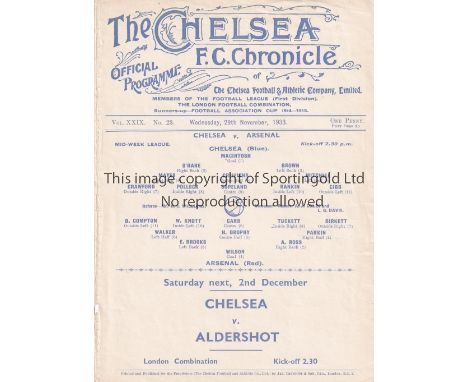 CHELSEA V ARSENAL    Single sheet programme for the Mid-Week League match at Chelsea 29/11/1933, ex-binder.   Generally good