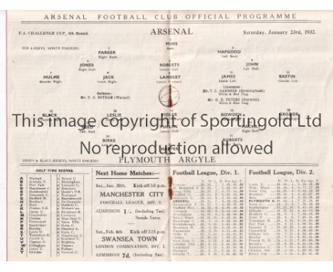 ARSENAL V PLYMOUTH ARGYLE   Programme for the 4th Round FAC tie at Arsenal 23/1/32, light fold, rusty staples.   Fair-general