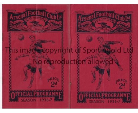 ARSENAL   Two home programmes for season 1936/7 season v. Liverpool and Derby County, both very slightly creased.    Generall
