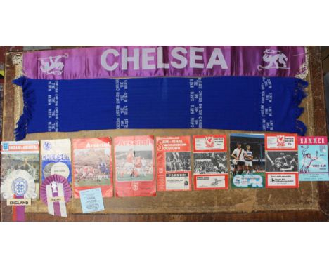 Football: A collection of nine 1970s football programmes, together with an England and a Chelsea rosette, Arsenal v Liverpool